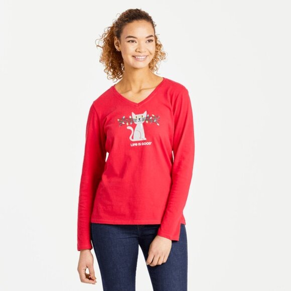 Life Is Good Tops - LIFE IS GOOD Lit Up Cat Long Sleeve V-neck Tee-Size Small